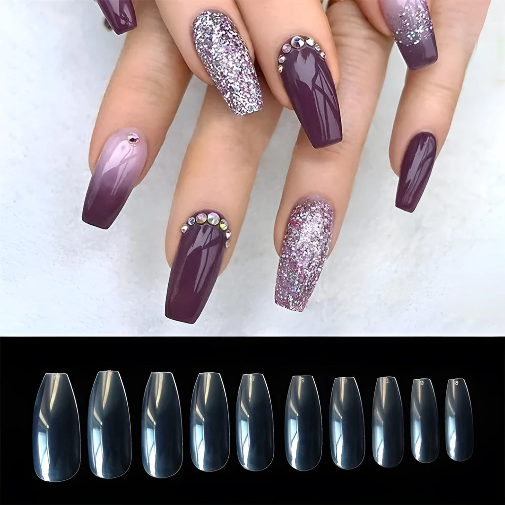 500 transparent natural false nails in 10 sizes, made from ABS material for gel or acrylic application.