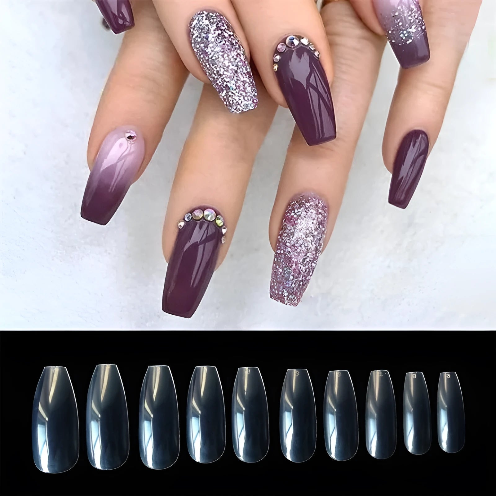 500 transparent natural false nails in 10 sizes, made from ABS material for gel or acrylic application.