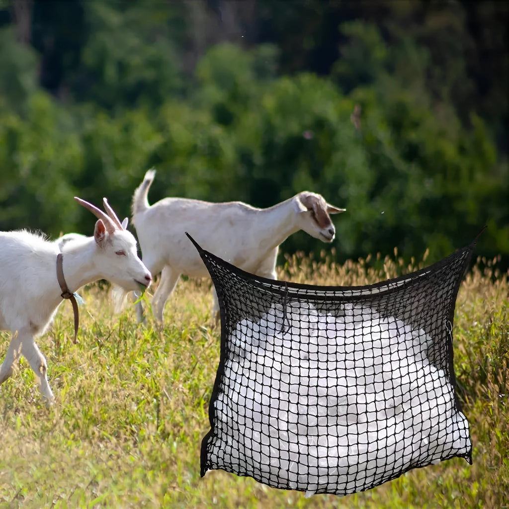Black woven PE rope hanging feeding bag for horses with grid design