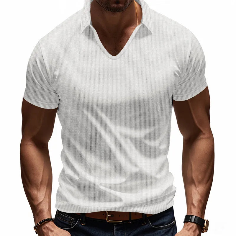 Men's loose fit V-neck short sleeve T-shirt in cotton blend fabric shown in apricot colour