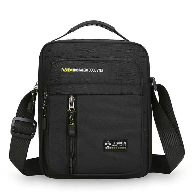 Men's green nylon casual crossbody messenger bag with a single shoulder strap.