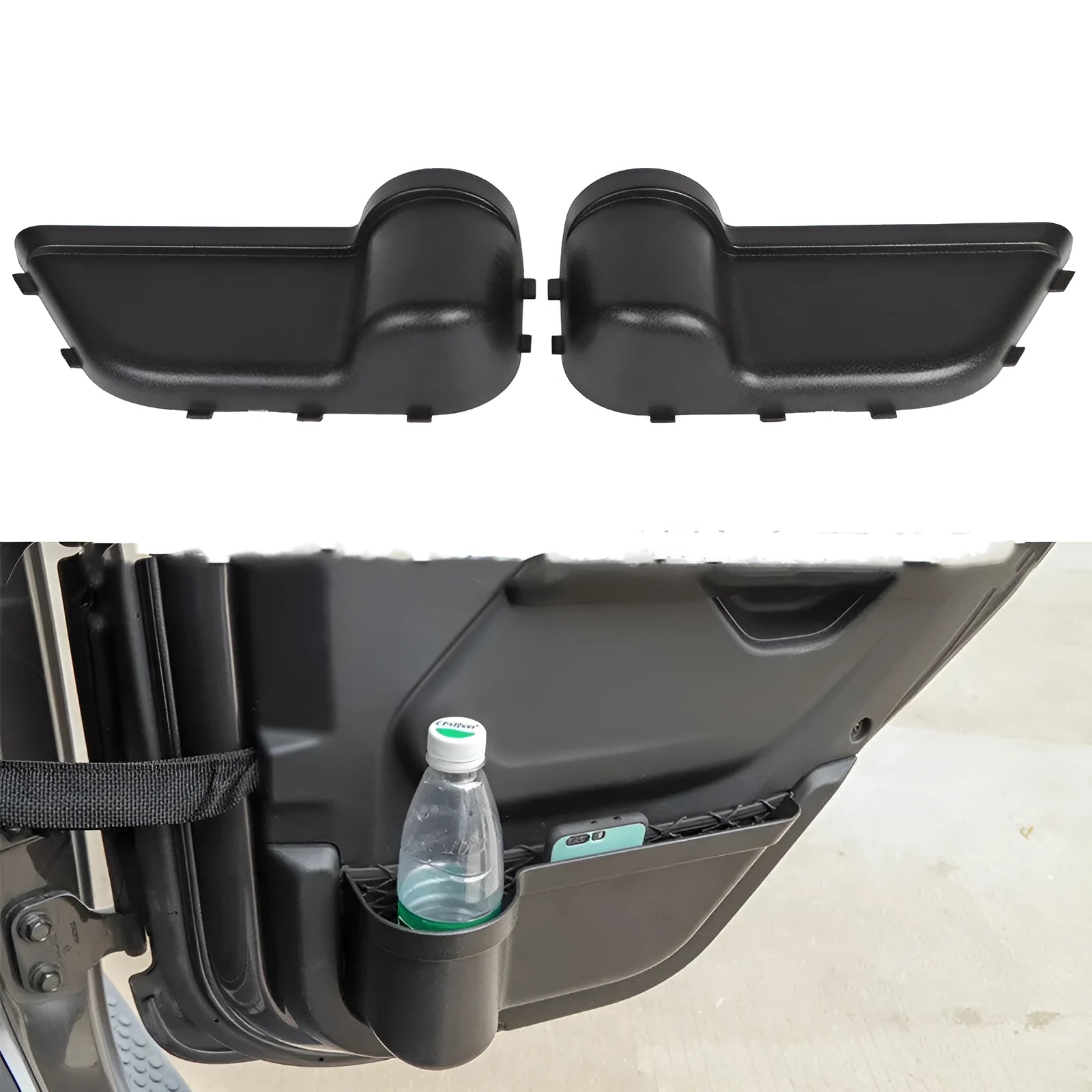Black ABS plastic door storage box for Jeep Wrangler JK and JL interior organisation