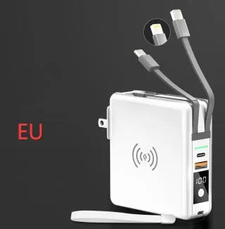 Black PD20W power bank with wireless charging and flip-out UK US EU AU plug adapters