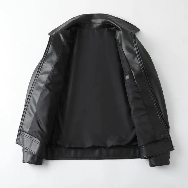 Black men's PU leather jacket with zipper pockets, loose fit design