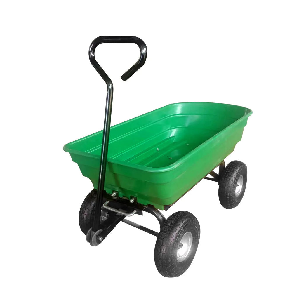 Green four-wheel plastic dump truck with steel PP body and tilting cargo bed for 350kg loads