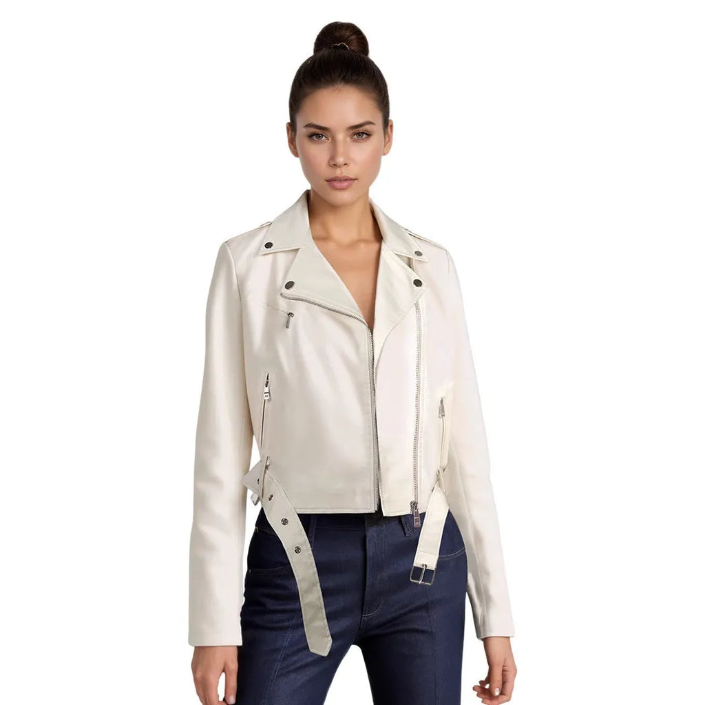 Women's red PU leather biker jacket with lapel collar and removable waist belt on a hanger.
