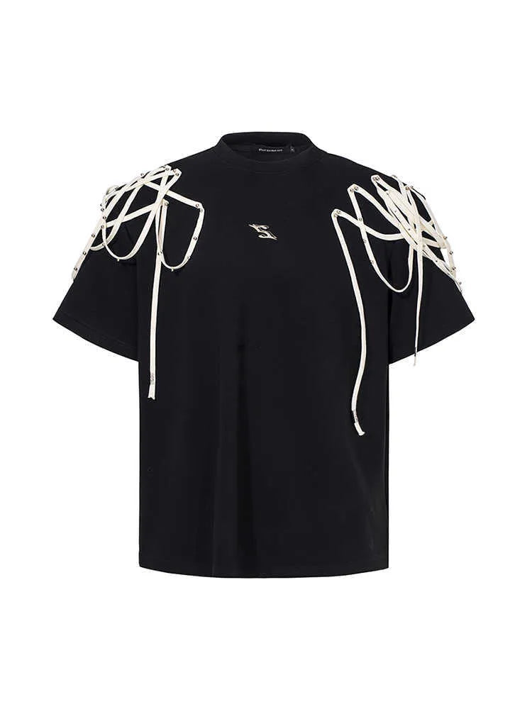 Black loose-fit short-sleeved t-shirt with padded shoulder detail and ribbed cotton texture.