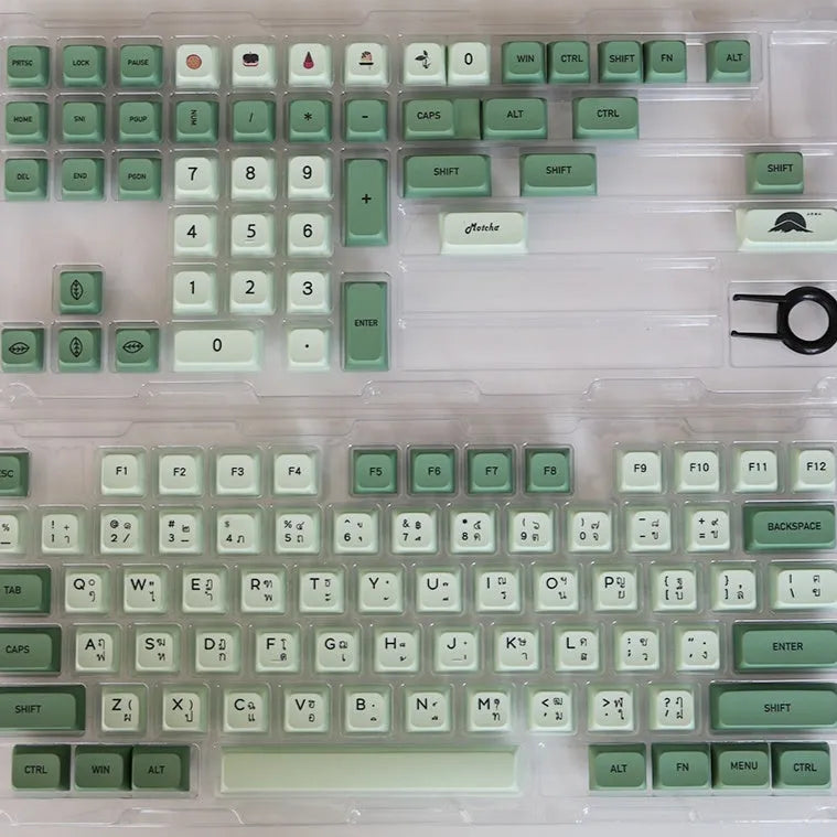 124 Key Matcha green PBT sublimation keycap set for mechanical keyboards laid out flat.