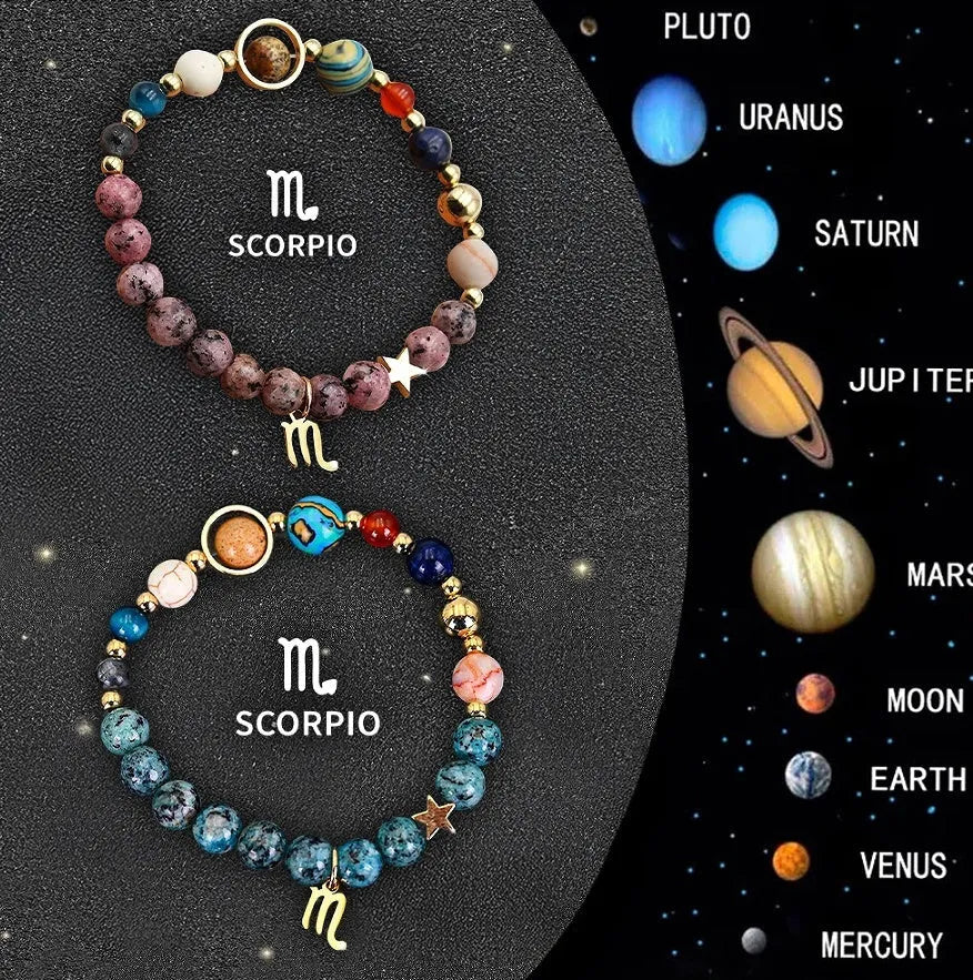 Two natural stone beaded zodiac bracelets laid side by side, showing different stone textures and colours.