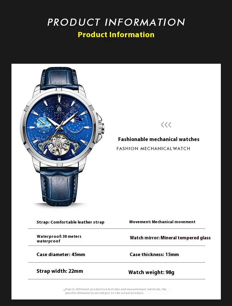 Men's automatic mechanical watch with blue dial and stainless steel case showing 14mm thickness