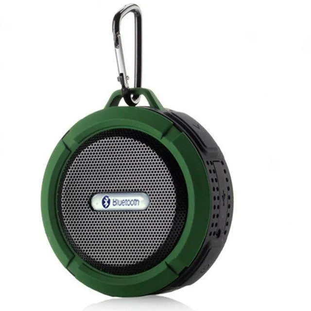 Waterproof Bluetooth speaker in Army Green colour, side view showing grille and controls, 98mm width portable design