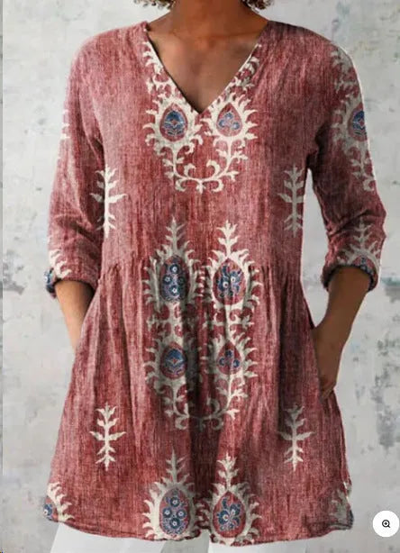 Women's printed wave pattern loose dress with 3/4 sleeves and wide waist design in various colour options