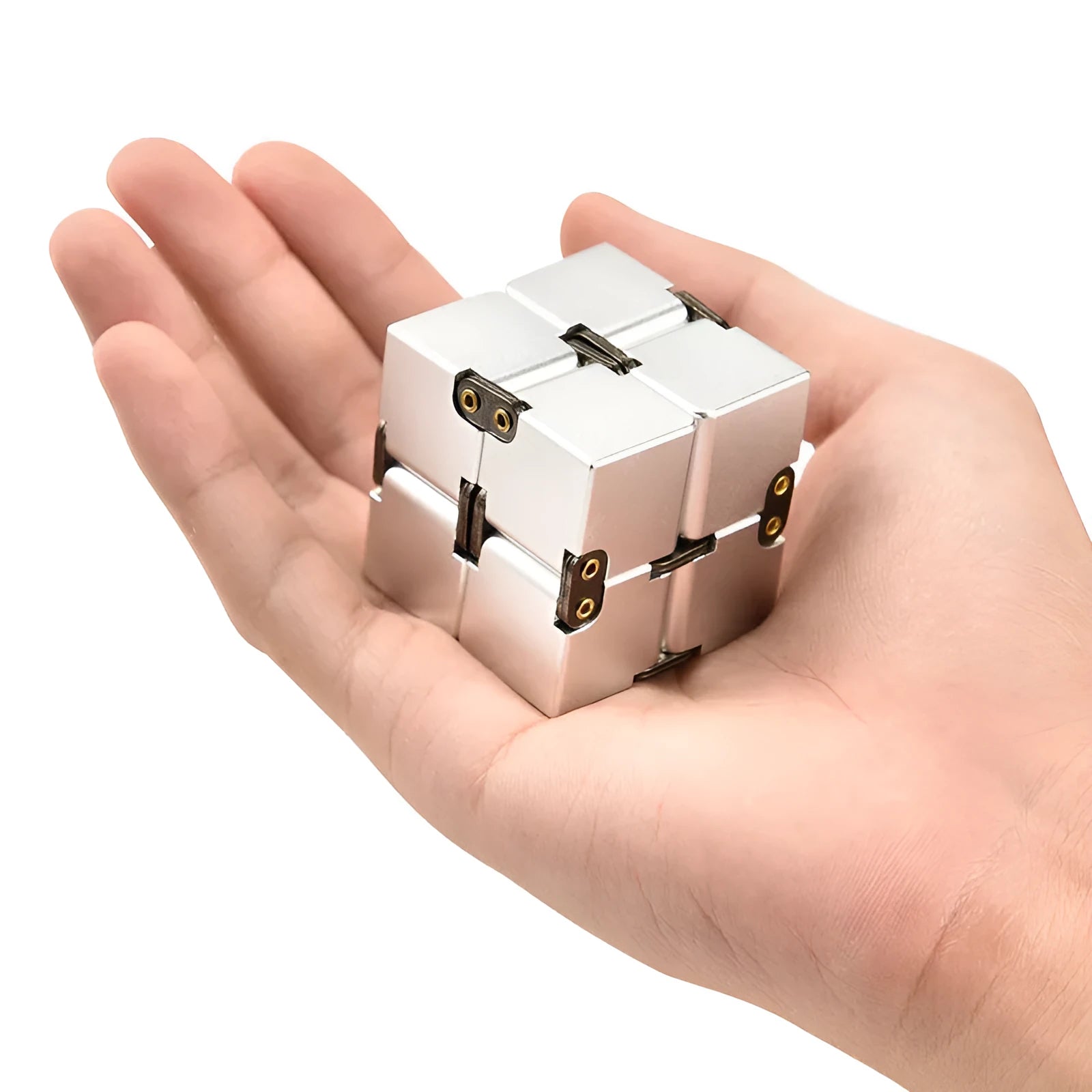 Zinc alloy infinity cube fidget toy in black, measuring 4cm, on a white background