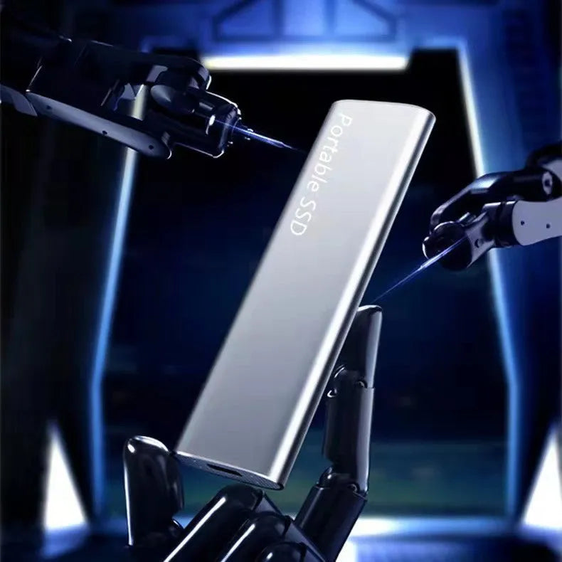 Metal-shell portable solid state drive with ultra-thin design on a desk.