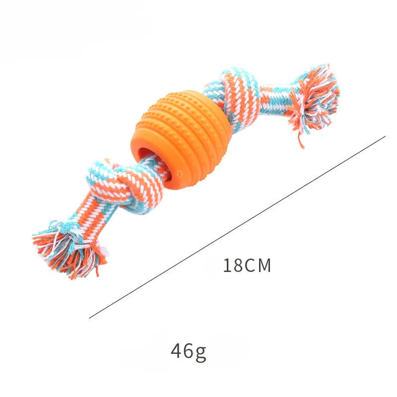 Blue molar-shaped dog chew toy with natural fibre ropes for dental cleaning