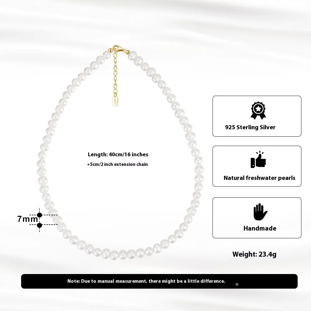 Women's adjustable natural freshwater pearl necklace with 925 sterling silver electroplating