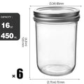 Six 16oz transparent glossy glass wide mouth sealed jars on a table