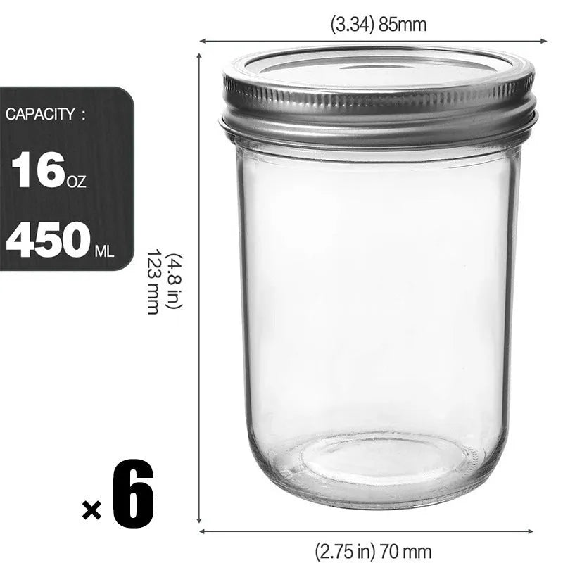 Six 16oz transparent glossy glass wide mouth sealed jars on a table