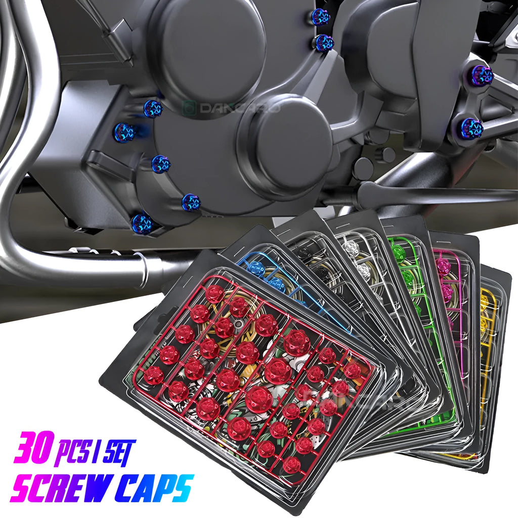30-piece set of ABS plastic motorcycle screw caps in eight different colours