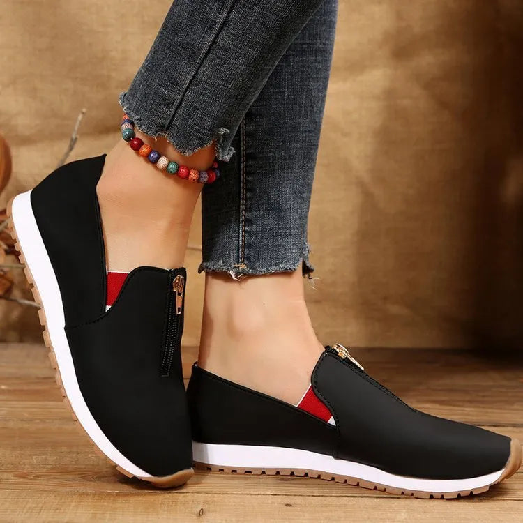 Women's casual non-slip loafers flat shoes round toe artificial PU upper metal detail autumn