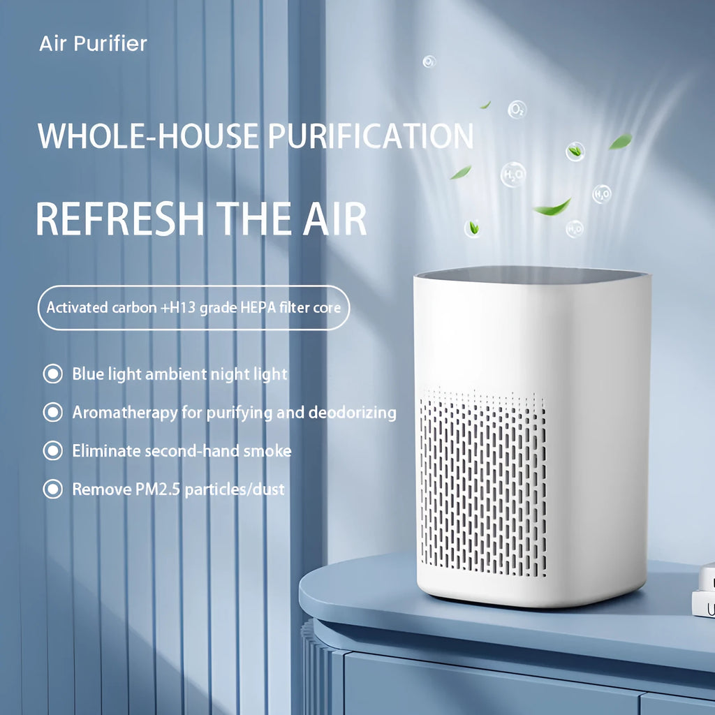 USB-powered desktop air purifier for small rooms with PM2.5 and odour removal functionality