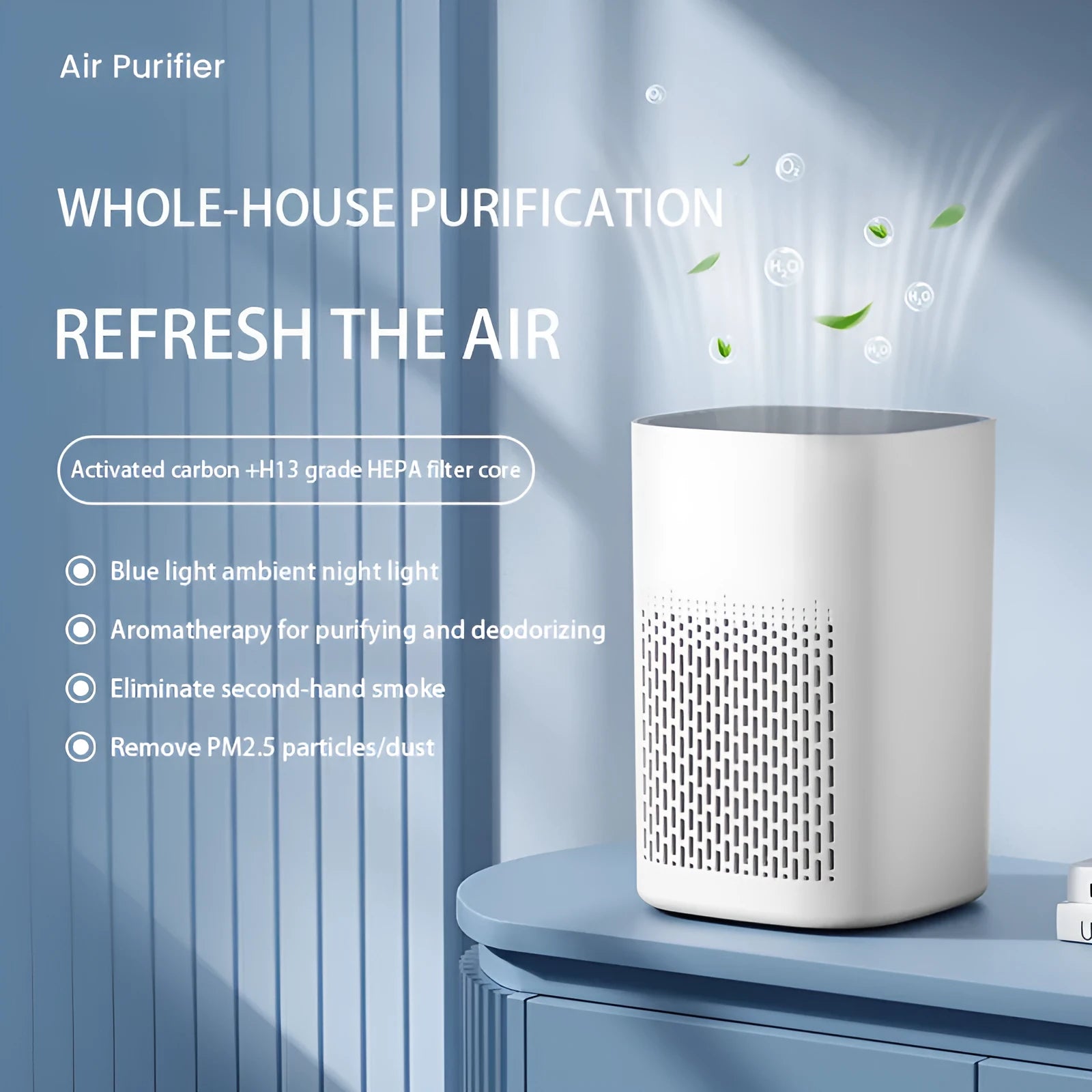 USB-powered desktop air purifier for small rooms with PM2.5 and odour removal functionality