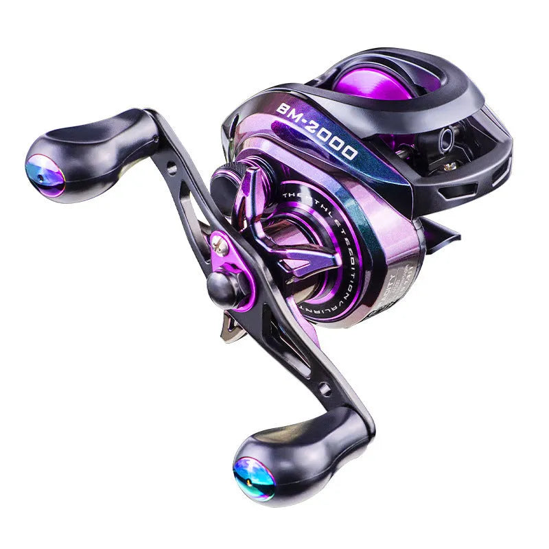 BM2000 fishing reel with water drop design and colourful finish showing magnetic brake system