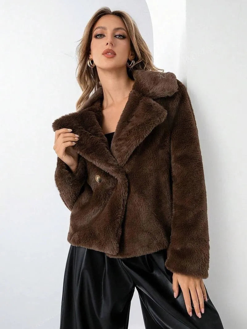 Women's rose red faux fur coat with regular sleeves and 50cm length