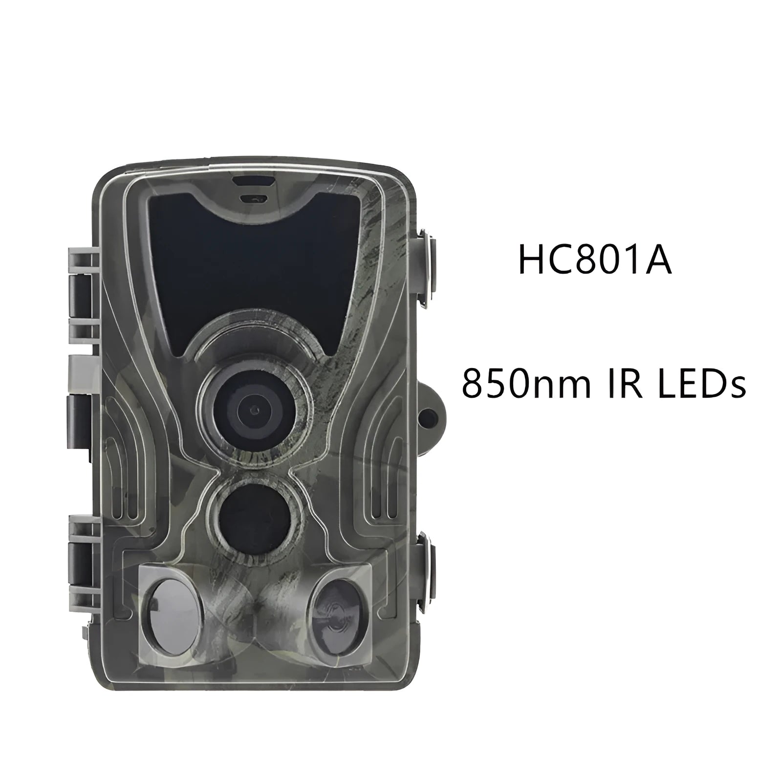 HC801A hunting camera with 36 infrared lights and 2.4-inch LCD screen mounted outdoors