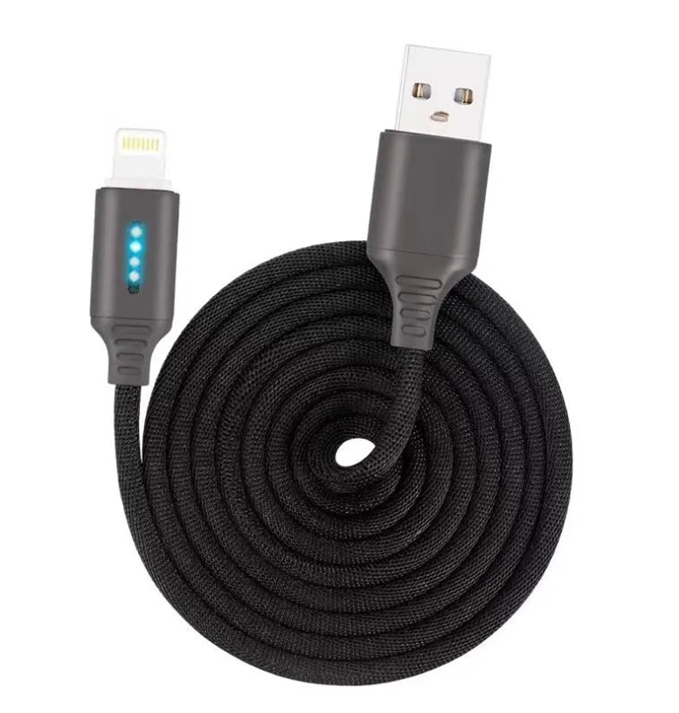 Fabric braided USB fast charging cable in black, shown with Android and Type-C connectors.