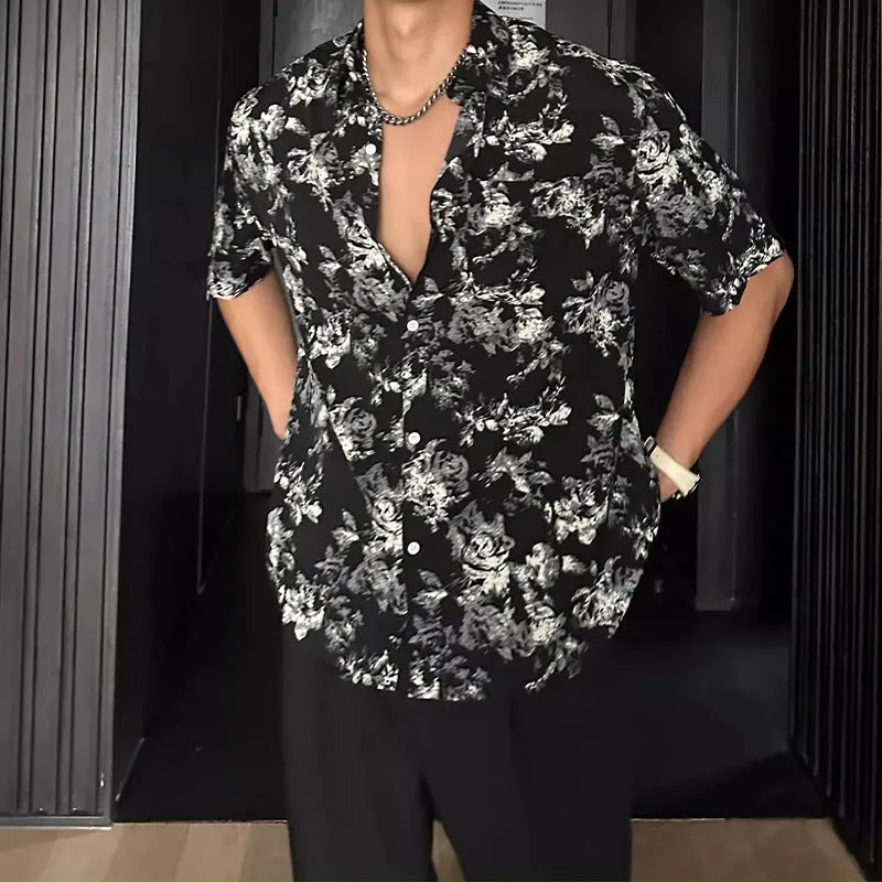 Men's loose black floral printed casual shirt with short sleeves and cardigan style