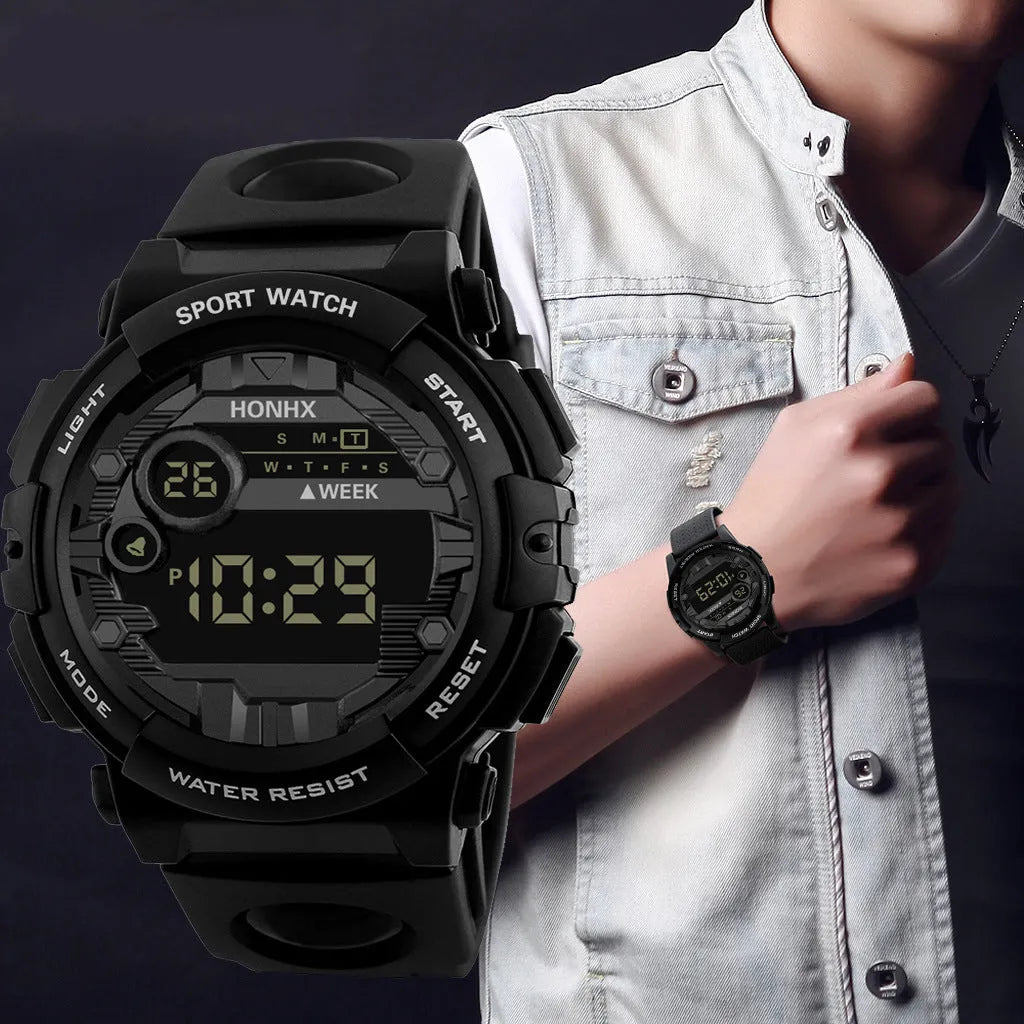 Digital electronic watch for boys and girls with LED display, round resin case, PU strap, black colour option