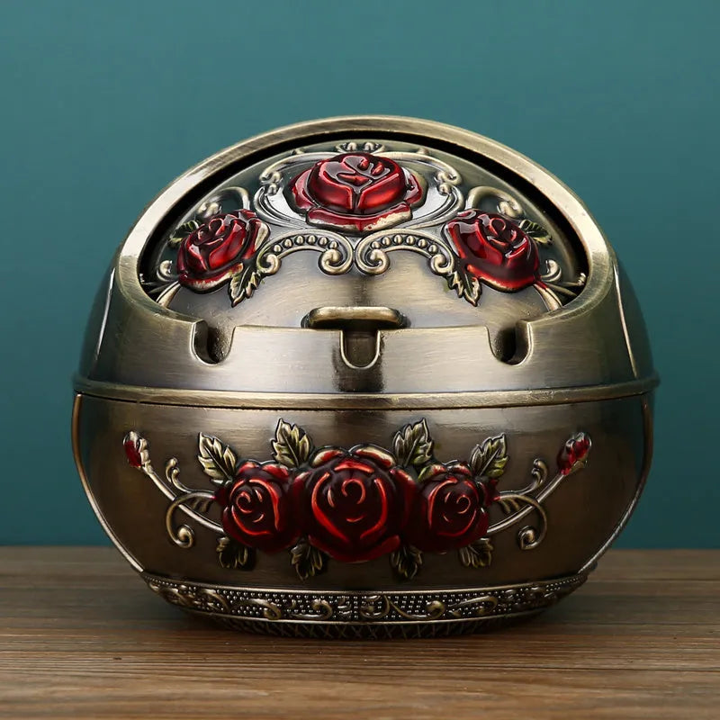 Alloy ashtray with smoke extinguishing slot in bronze finish featuring decorative dragon and phoenix design