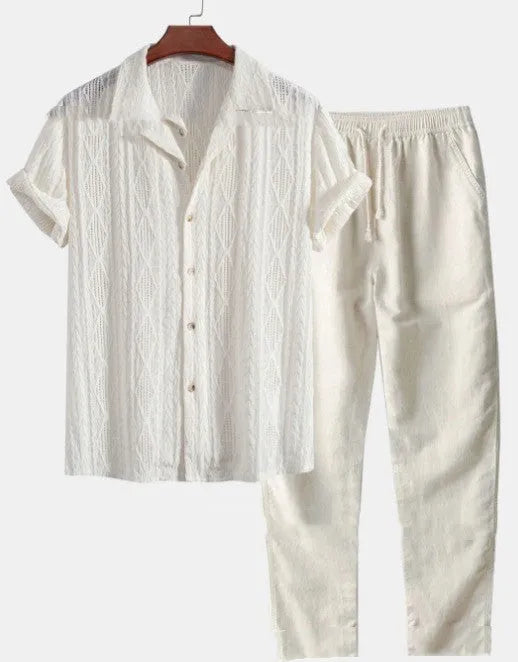 Men's loose short sleeve shirt and trousers suit in milk silk fabric for summer leisure wear