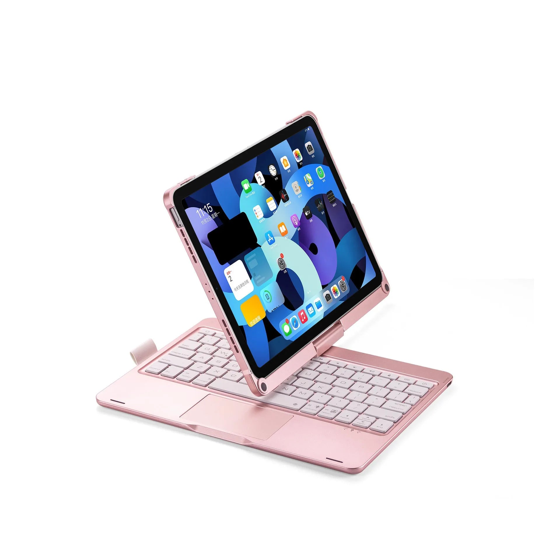 Miaocontrol silver Bluetooth keyboard with 360-degree rotating stand holding an iPad tablet.