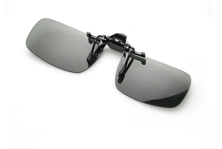 Clip-on sunglasses for prescription glasses in large and small PC frame sizes with grey, green, and night vision lenses