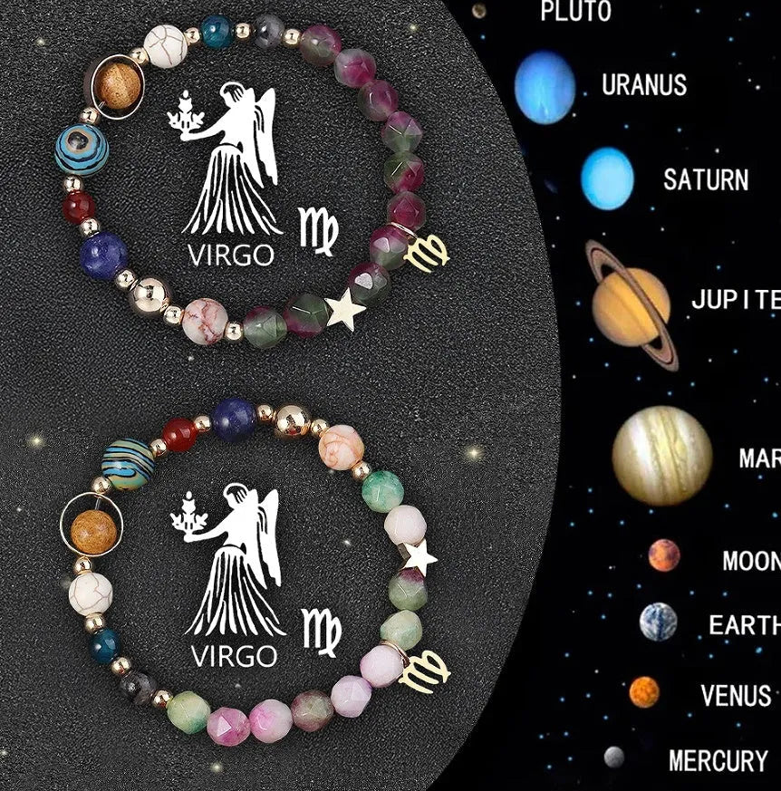 Twelve Zodiac Sign natural stone beaded bracelets showing adjustable designs for astrology jewellery