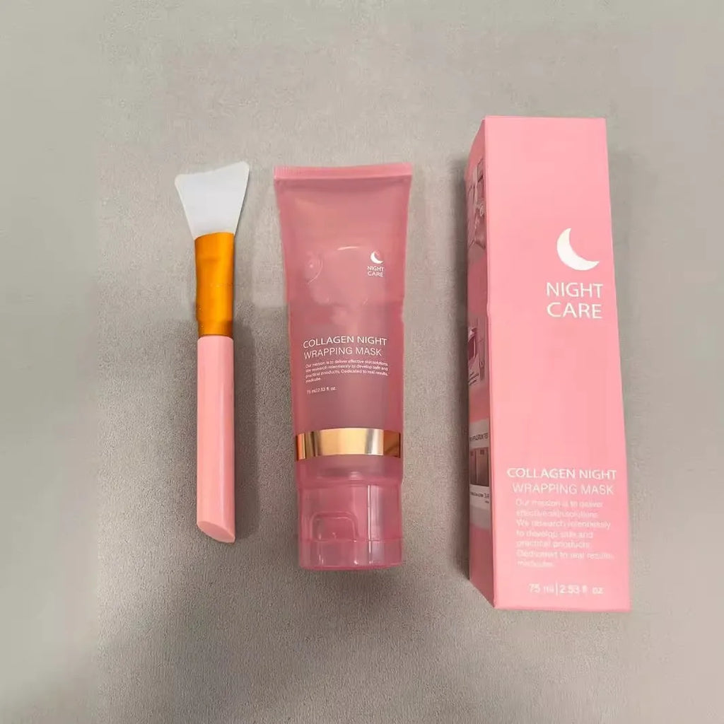 75ml bottle of collagen night sleep mask with application brush for firming and hydrating skin