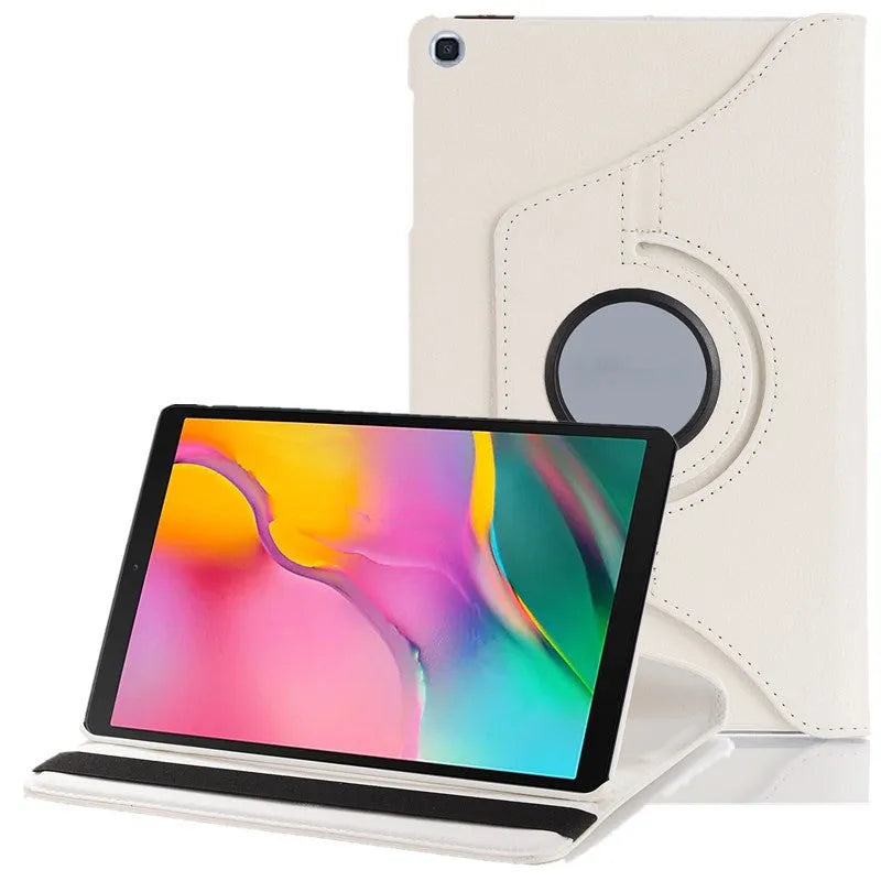 Imitation leather rotating clamshell protective sleeve for iPad and iPad Pro tablets.