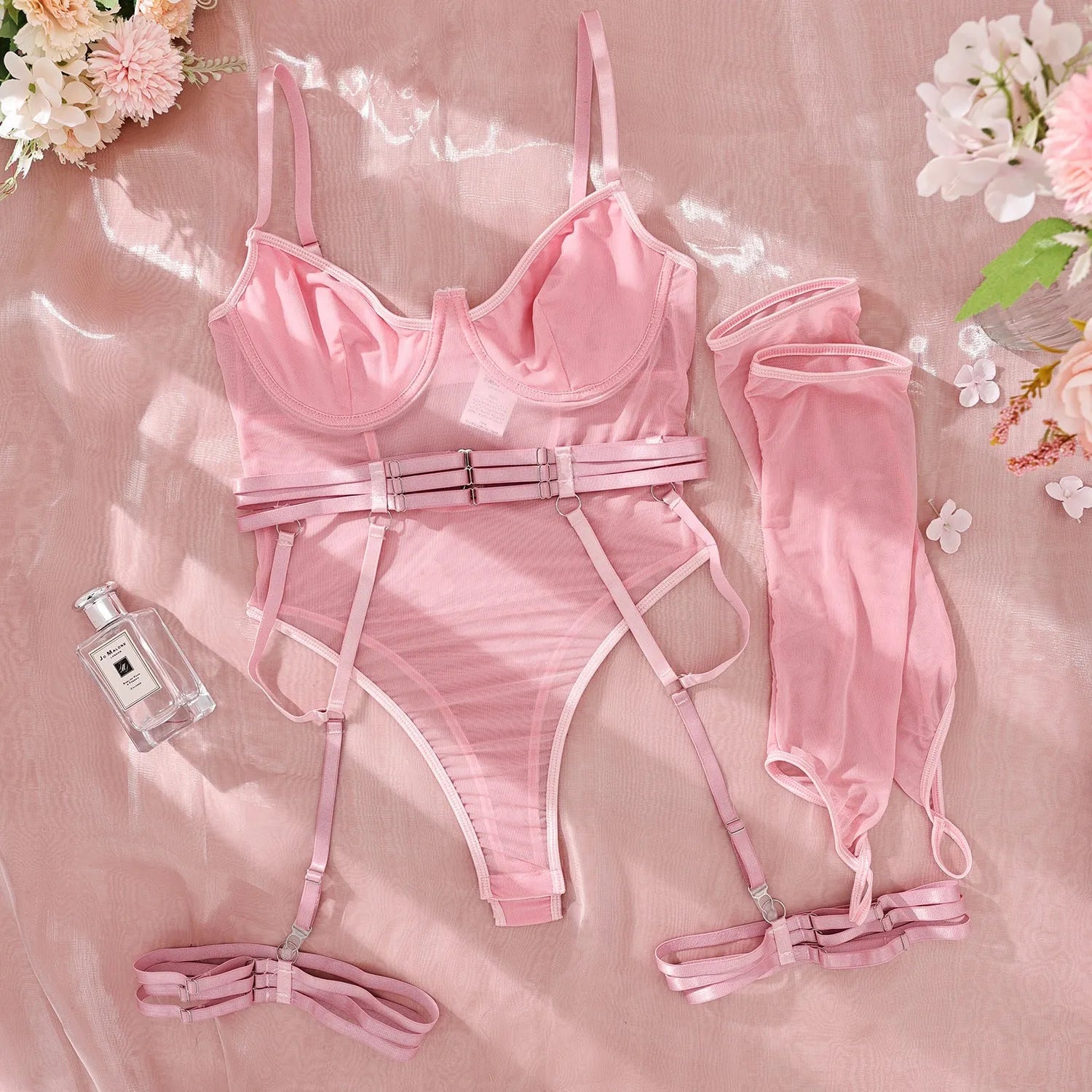 Transparent mesh jumpsuit for women in red colour showing full-body onesie design