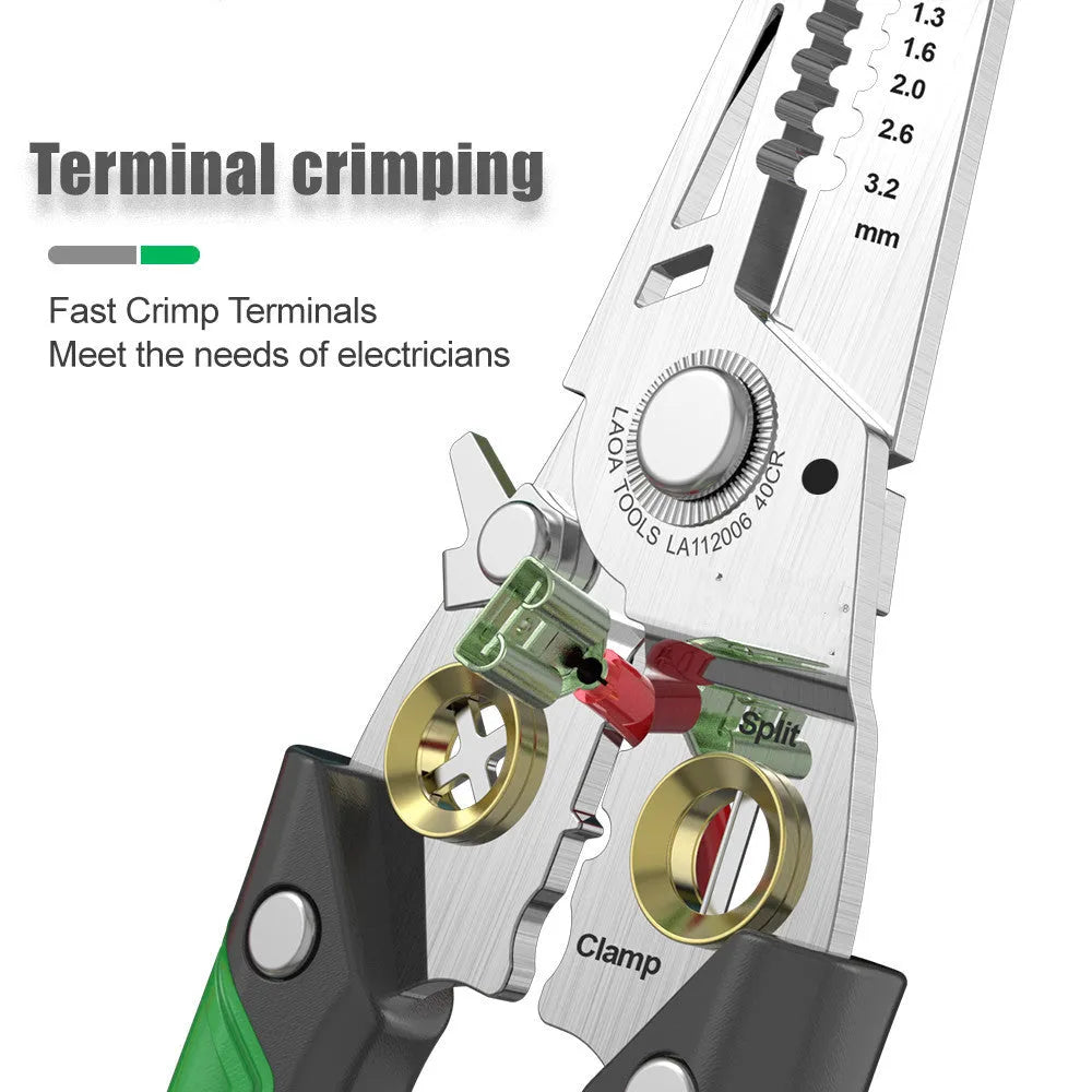 Stainless steel 7-in-1 wire stripper and crimping pliers with two-colour handle