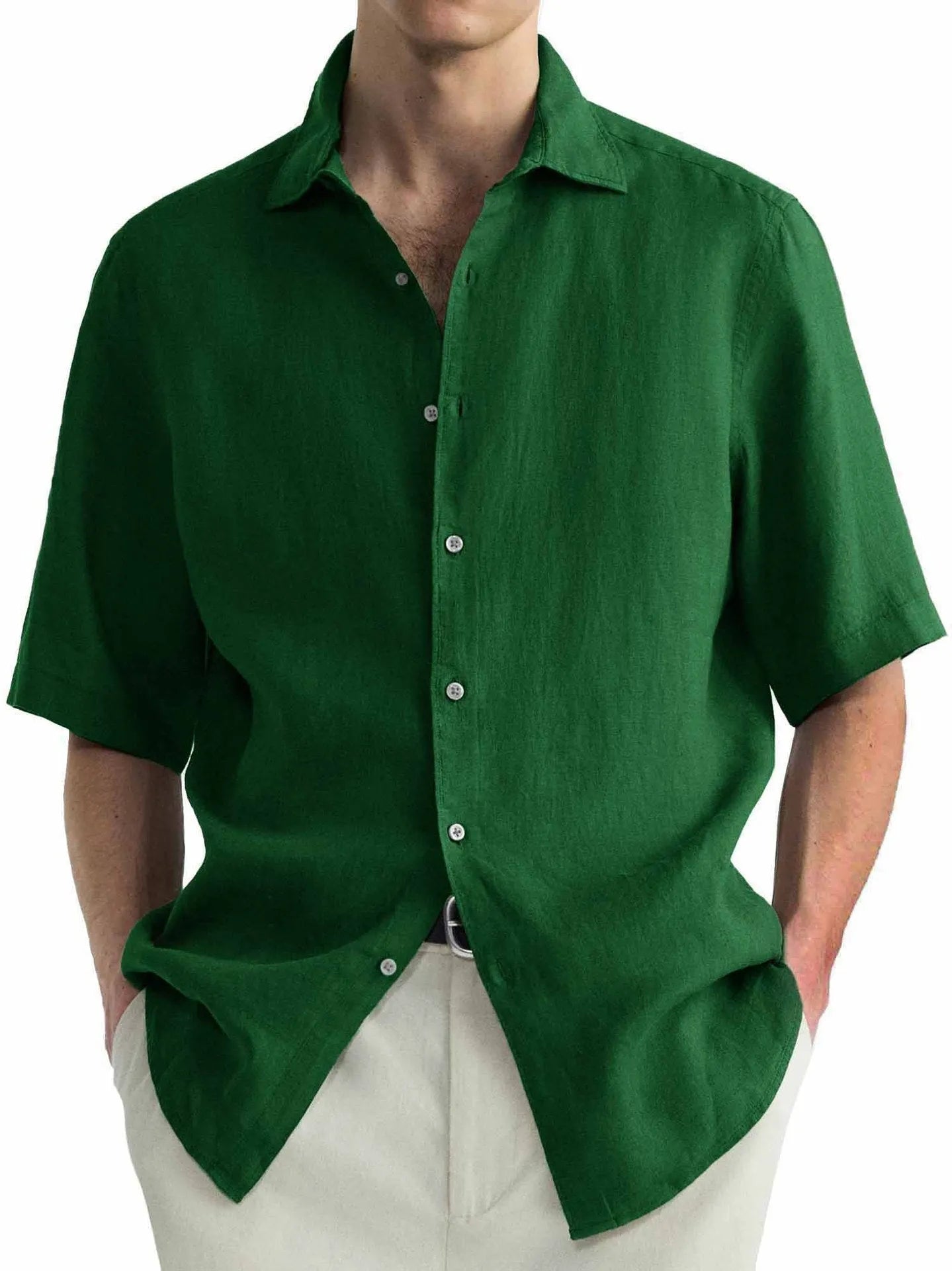 Men's green washed cotton casual shirt in a cardigan style with a regular fit.