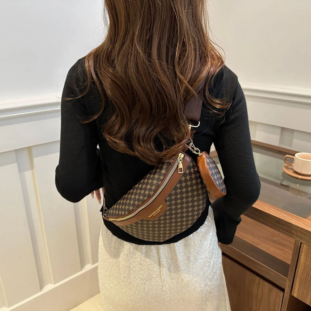 Retro printed portable PU crossbody bag in coffee colour with sewing thread detailing and sandwich pocket