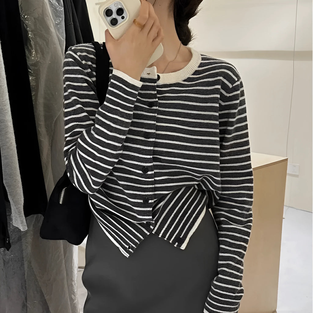 Dark grey and white striped women's viscose cardigan coat with long sleeves and a slim fit.
