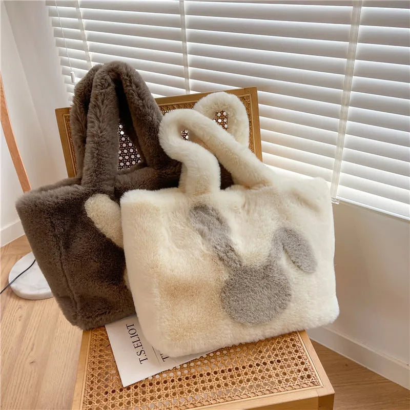 Cartoon rabbit ears plush shoulder bag in solid colour with large capacity