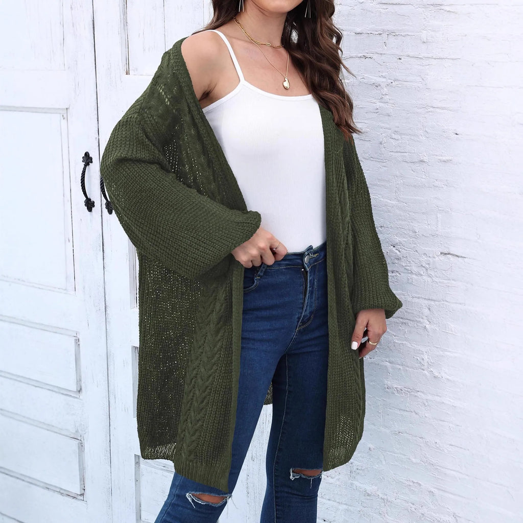 Women's loose acrylic sweater coat in army green colour showing European-American style casual fit