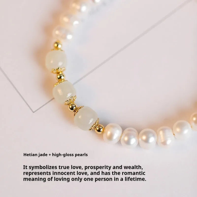 Korean style natural freshwater diamond pearl bracelet with electroplated finish in Hetian jade colours.