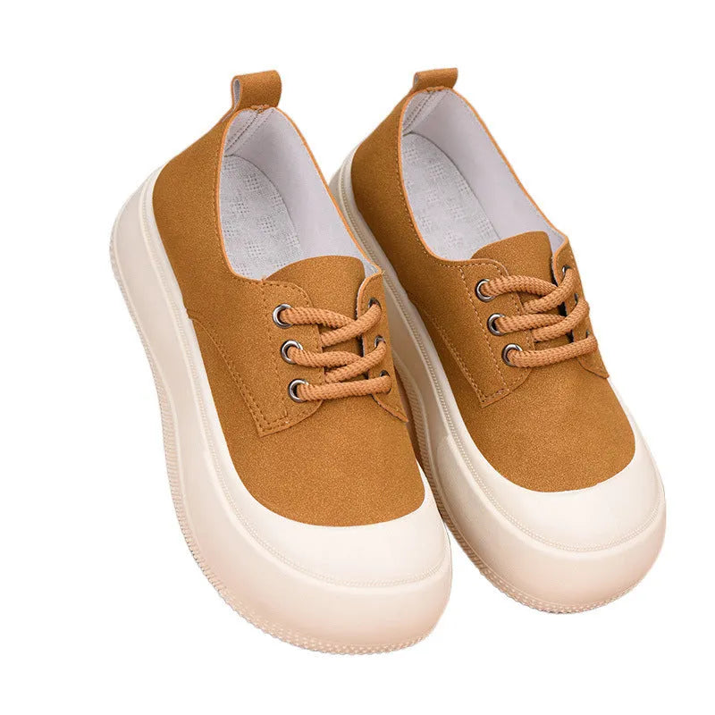 Women's suede leather platform loafers with 4cm height increase and round toe design in camel colour