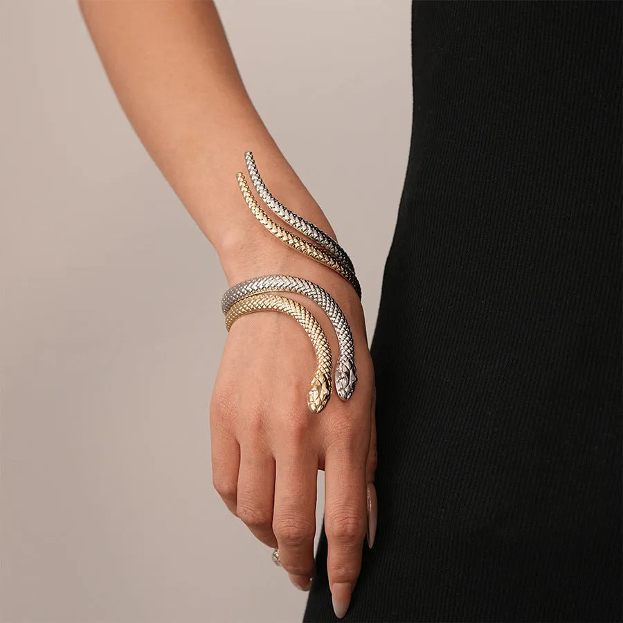 Gold and silver exaggerated twisted snake design ring and bracelet jewellery set