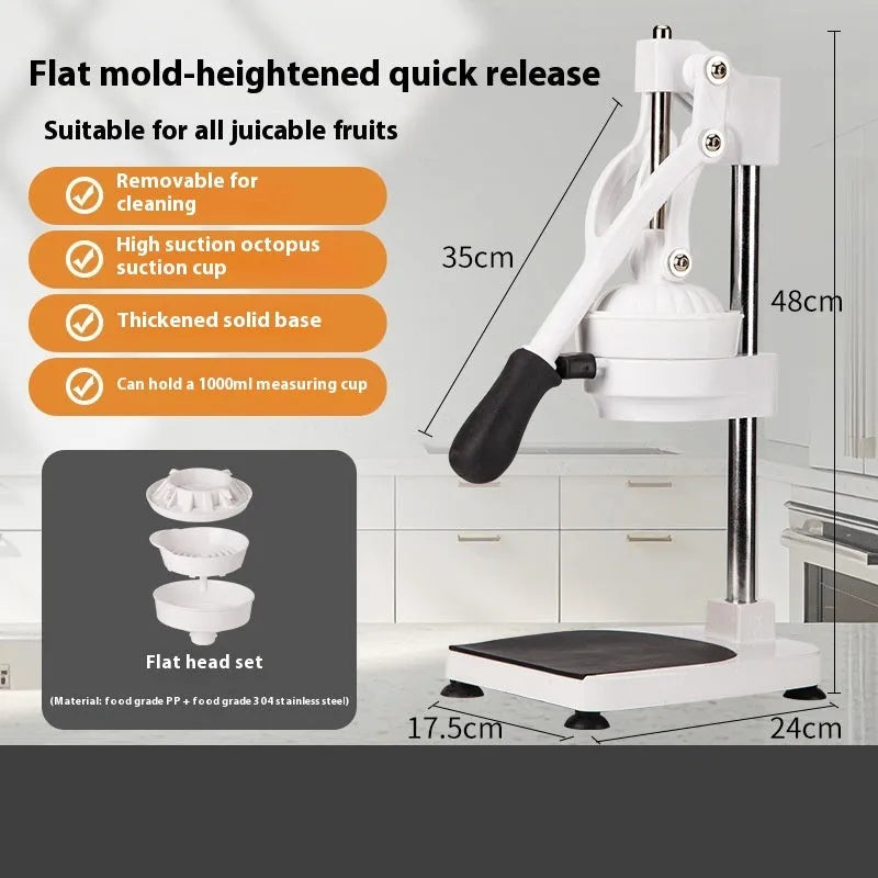 Stainless steel manual orange juice juicer on a counter, showing large cone and metal finish.